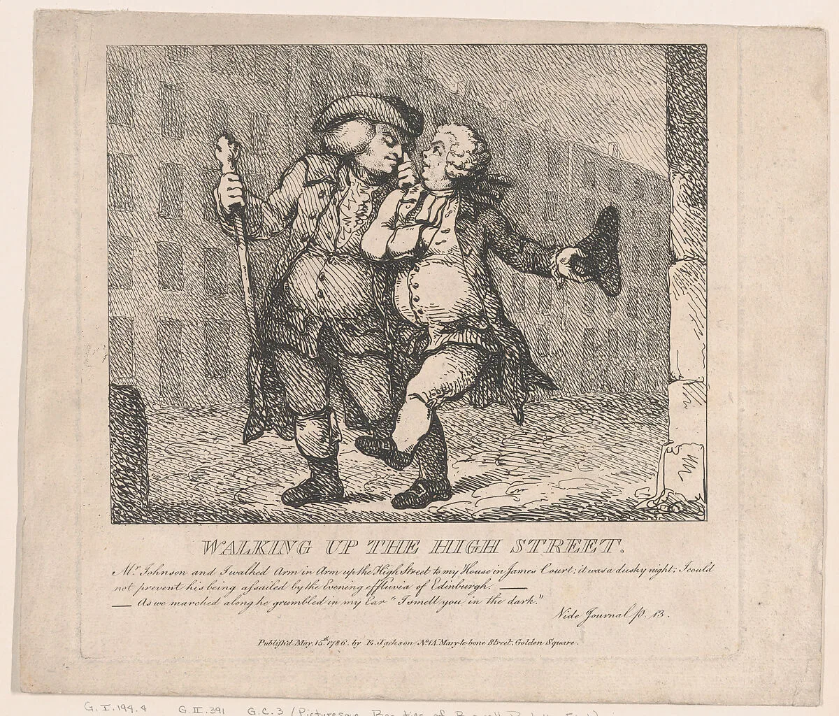 Walking Up the High Street, Edinburgh (Picturesque Beauties of Boswell, Part the First) — Thomas Rowlandson|Samuel Collings|Elizabeth Jackson|James Boswell|Samuel Johnson