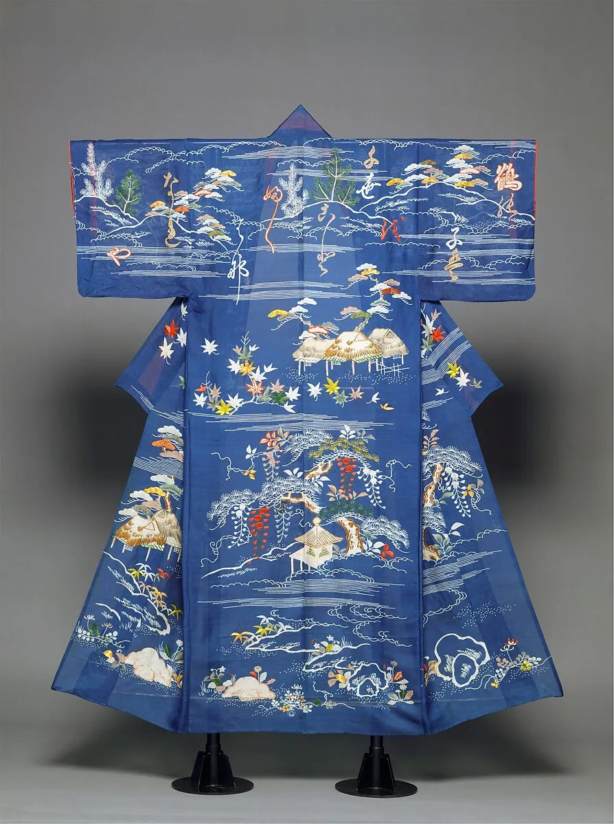 縹絽地風景歌文字模様単衣|Unlined Summer Kimono (Hito-e) with Landscape and Poem — Unknown