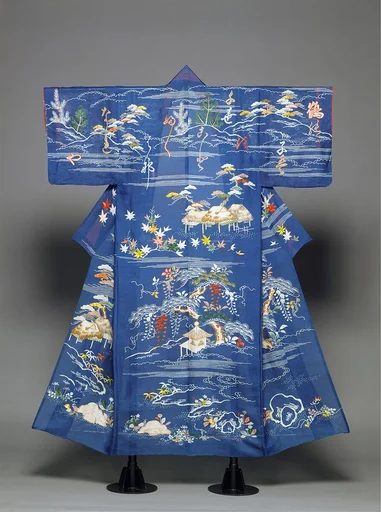 縹絽地風景歌文字模様単衣|Unlined Summer Kimono (Hito-e) with Landscape and Poem