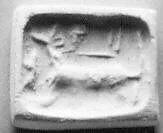 Stamp-cylinder seal (quarter cylinder) with cultic scene, animals (?), and divine symbols — Unknown