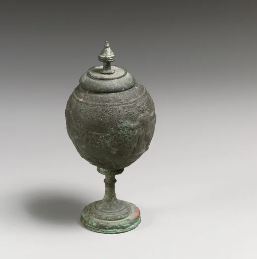 Bronze footed globular vessel with lid