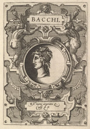 Bust of Bacchus surrounded by strapwork, from the series' Deorum dearumque,' a set of images of deities after coins in the collection of Abraham Ortelius