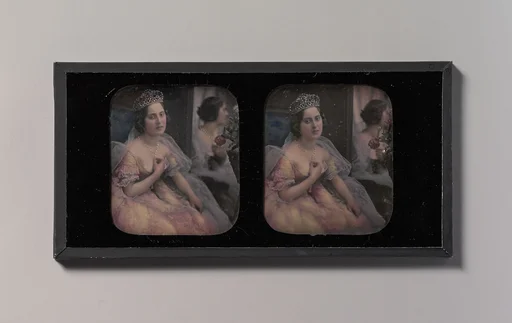 [Stereograph of a Woman Wearing a Tiara and Tulle and Lace Dress, Seated Before a Mirror]