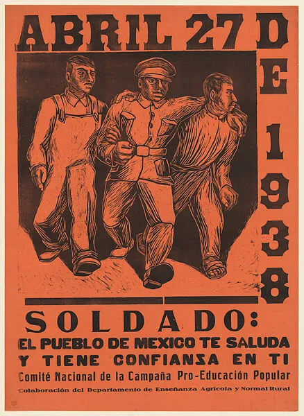 Poster relating to solidarity, a soldier and two workers walking together — Alfredo Zalce|Taller de Gráfica Popular