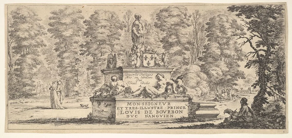 Plate 1: a monument with statues and a coat of arms in the center, a draughstman on the ground beneath a tree to right, two groups of lovers to left in the background, from 'Various landscapes' (Divers paysages) — Stefano della Bella|Israël Henriet