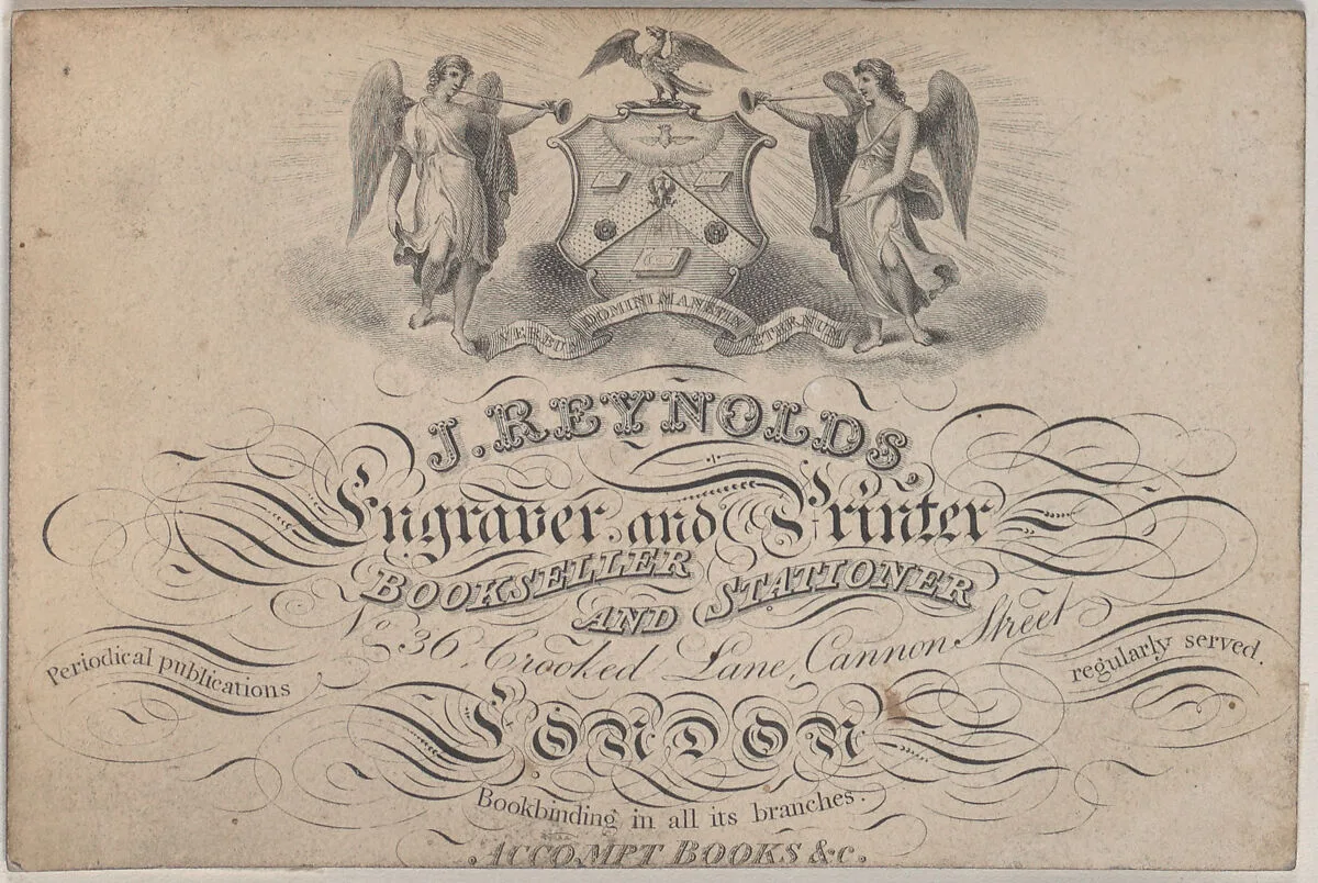 Trade Card for J. Reynolds, Engraver, Printer, Bookseller, and Stationer — Anonymous, British, 19th century