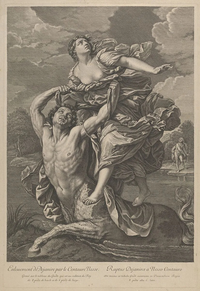 Dejanira being abducted by the centaur Nessos, a man with bow and arrow at right, after Reni — Guido Reni|Anonymous