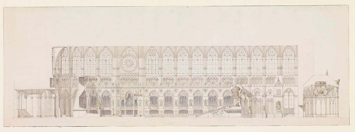 Cross Section of the Nave of Reims Cathedral, decorated for the Coronation of King Louis XVIII — Charles Percier|Pierre François Léonard Fontaine