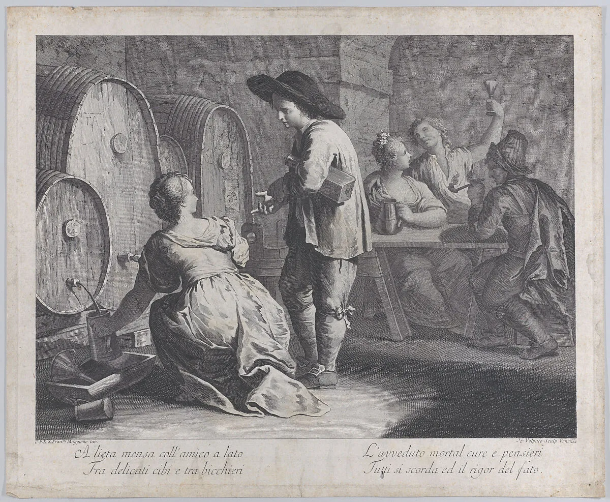 A barmaid filling mugs at left, a man holds a bottle at center, and three people sit at a table drinking at right — Giovanni Volpato|Francesco Maggiotto