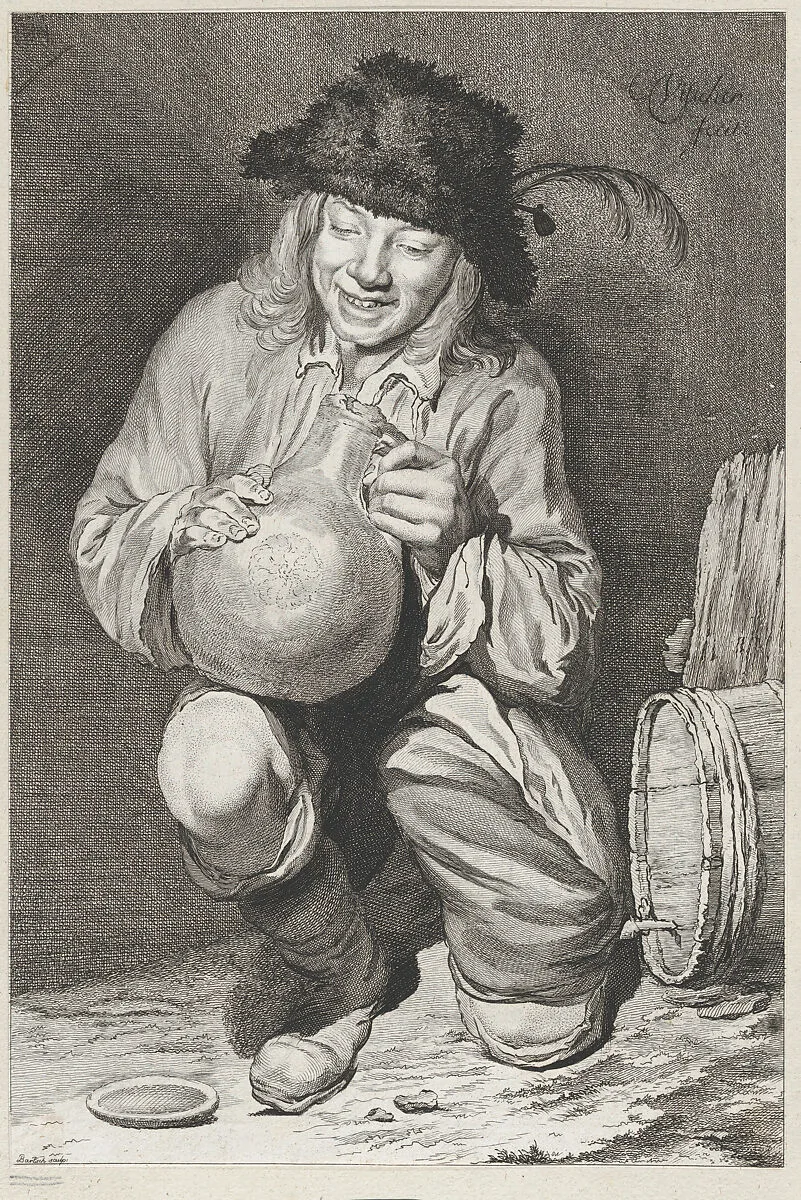 The Joy of the Cellar: kneeling farmer boy holding a jug next to wine barrel — Cornelis Visscher|Adam von Bartsch