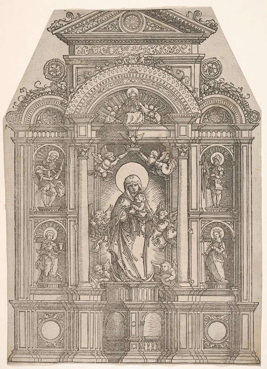 Altarpiece with the Beautiful Virgin of Regensburg and Saints Christopher, Mary Magdalen, Florian and Catherine Standing in Niches, with God the Father Above — Albrecht Altdorfer