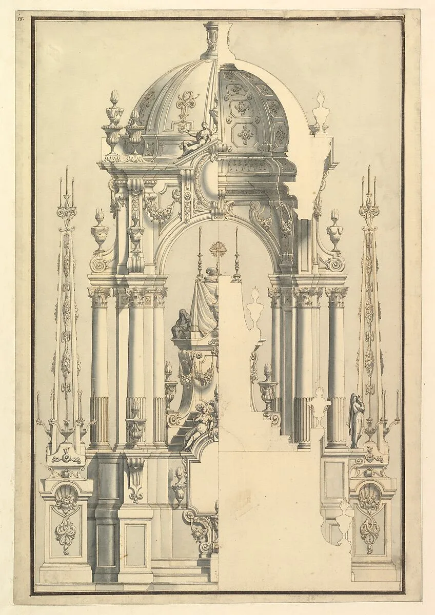 Elevation and Section of the Catafalque for Anna Cristina, Wife of Carlo Emanuele III of Savoy — Giuseppe Galli Bibiena