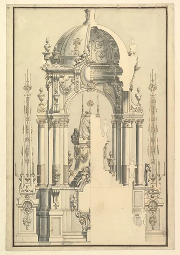 Elevation and Section of the Catafalque for Anna Cristina, Wife of Carlo Emanuele III of Savoy