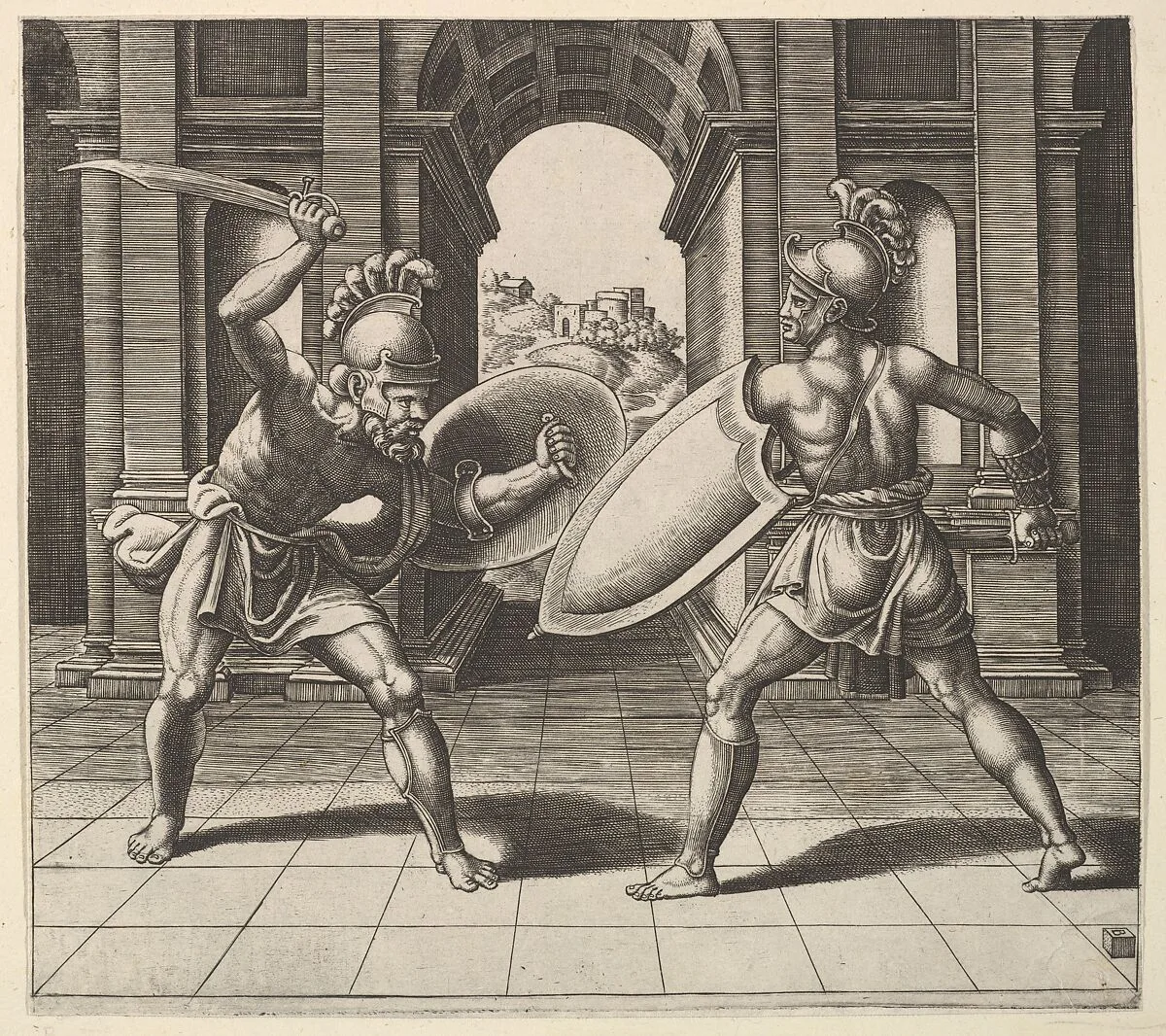 Two gladiators fighting in front of an arch — Master of the Die|Giulio Romano