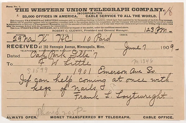 Telegram: Frank Lloyd Wright to Francis W. Little, 7 June 1909 — Frank Lloyd Wright