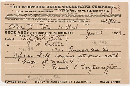 Telegram: Frank Lloyd Wright to Francis W. Little, 7 June 1909