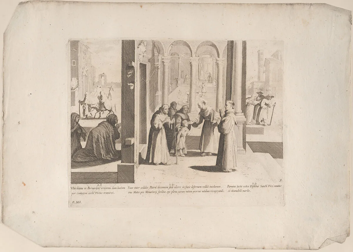 Episode 22: Saint Bernardino heals a boy with a facial sore; Episode 23: The people make daily supplication to Saint Bernardino; Episod e24: Saint Bernardino cures a diseased woman, from "The Life of Saint Bernardino of Siena" — Bernardino Capitelli|Saint Bernardino of Siena|Rutilio Manetti
