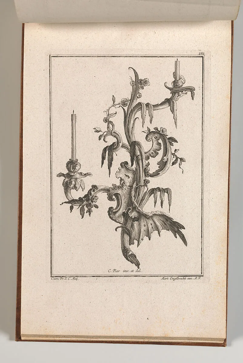 Design for a Two-Armed Candelabra with Rocaille Ornaments and Flowers, Plate 3 from an Untitled Series of Designs for Suspended Candelabra — Martin Engelbrecht|Carl Pier