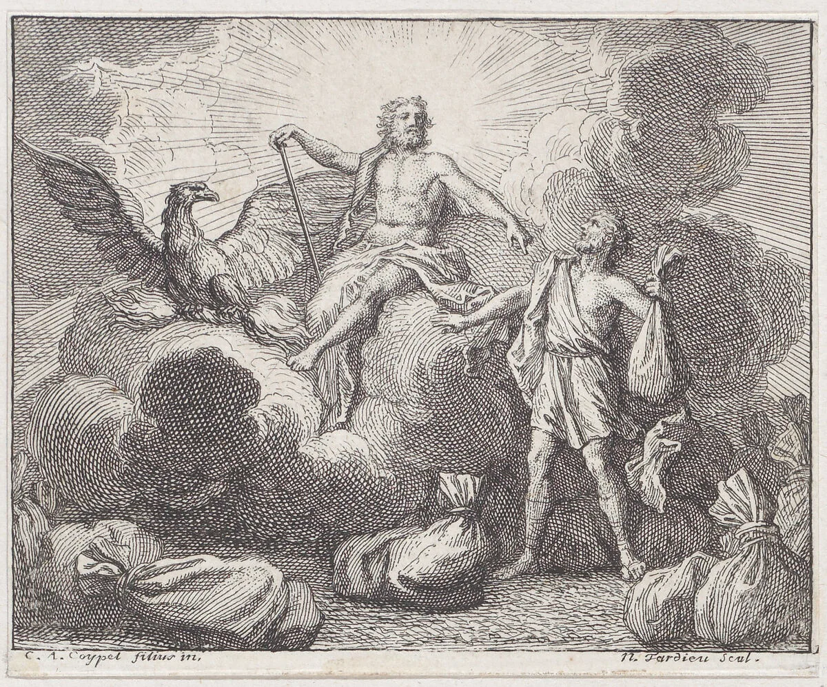 Book 1, Fable 11: Bags of destinies (Les sacs des destinées) — Jean de La Fontaine|Nicolas Henry Tardieu|Lamotte-Houdar|Charles Antoine Coypel