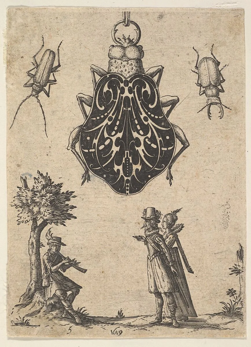 Pendant Shaped like a Beetle with a Couple and a Young Man Playing an Instrument — Jean Toutin