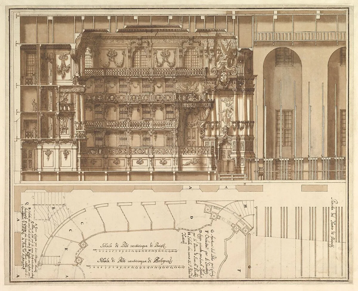 Designs for the Theater at Nancy: Longitudinal Section and Half Ground Plan — Francesco Galli Bibiena