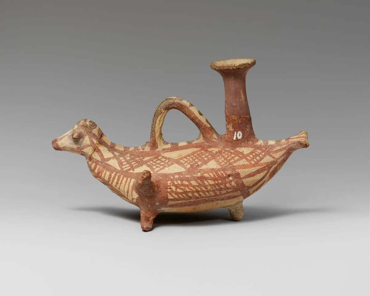 Terracotta askos (flask with a spout and handle over the top) in the form of a bird — Unknown