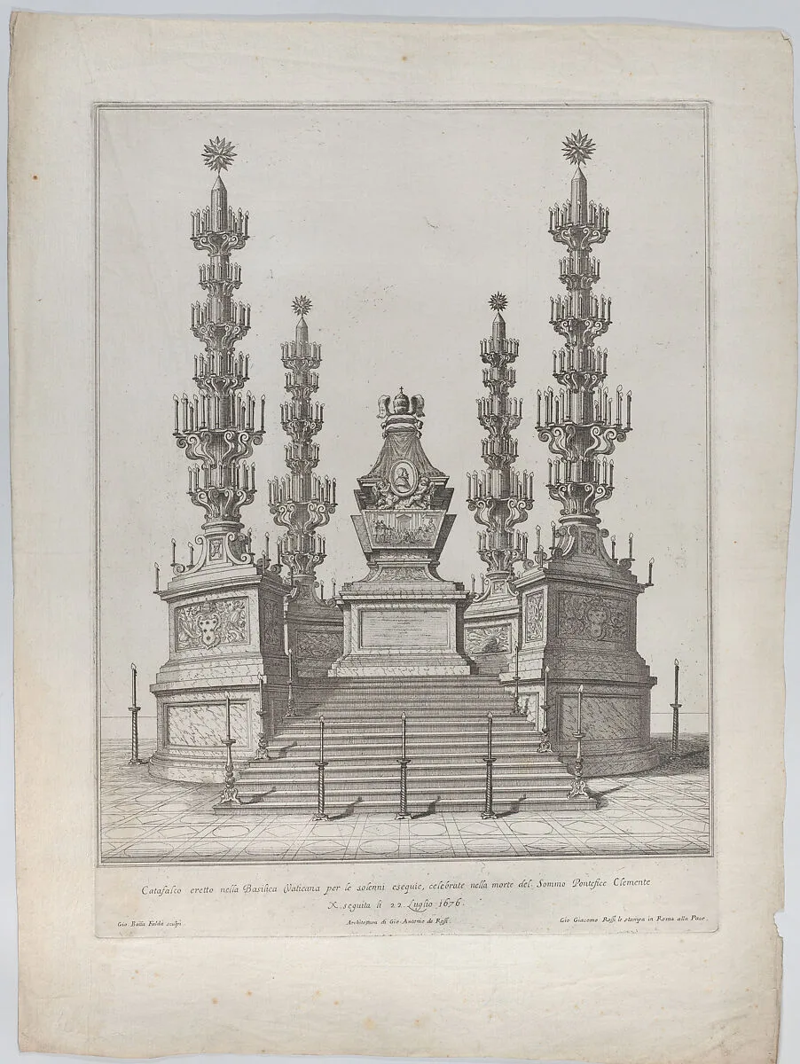 Catafalque for Pope Clement X: a central structure raised on a 15 stepped platform, with columns surmounted by elaborate candelabra at each corner — Giovanni Giacomo De Rossi|Giovanni Battista Falda|Giovanni Battista de' Rossi