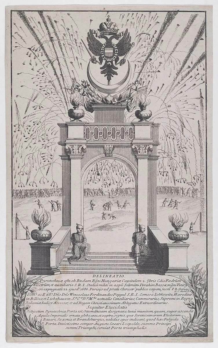 Fireworks and triumphal arch erected in Buda to celebrate the expulsion of the Turks, September 1686 — Anonymous
