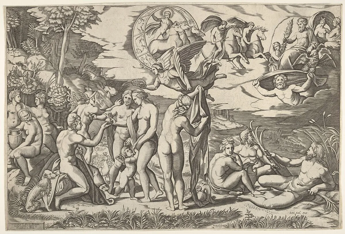 Judgment of Paris: Paris extends his hand toward Venus, who stands between Juno and Minerva, surrounded by reclining and seated figures; above are a winged figure carrying a laurel wreath, a charioteer driving four horses, Castor and Pollux, and Jupiter accompanied by Ganymede, an eagle, Diana, and two other female figures — Marcantonio Raimondi|Raphael (Raffaello Sanzio or Santi)|Antonio Salamanca