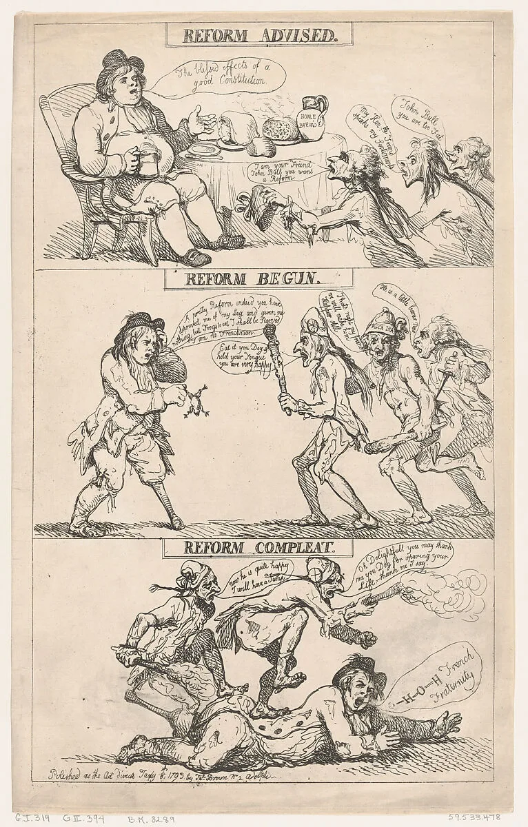 Reform Advised, Reform Begun, Reform Complete — Thomas Rowlandson