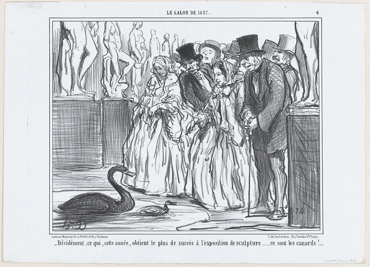 Décidément, ce qui, cette année, obtient le plus de succès à l'exposition de sculpture..., from Le Salon de 1857, published in "Le Charivari" — Aaron Martinet|Honoré Daumier|Destouches