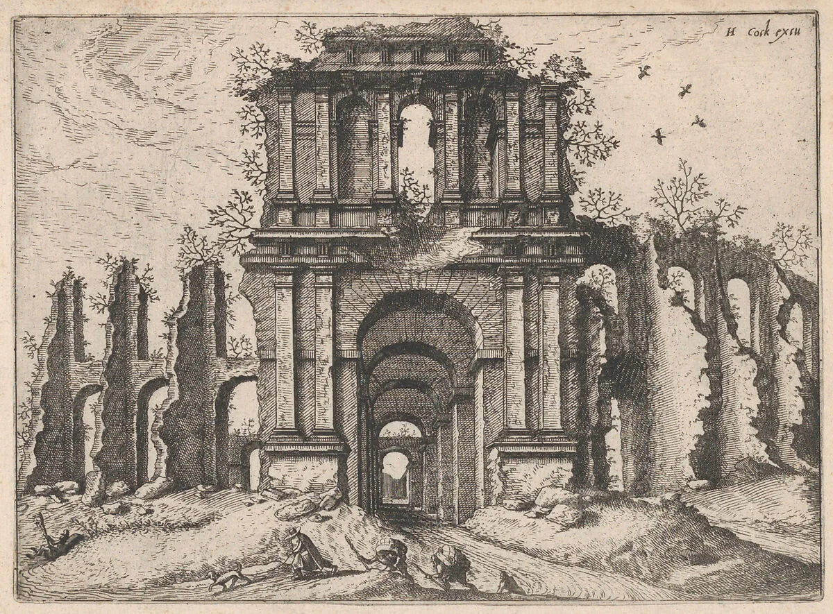 Two Story Entrance Flanked by Coupled Pilasters, from "Roman Ruins and Buildings" — Lucas van Doetecum|Johannes van Doetecum I|Hieronymus Cock