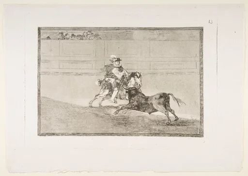 Plate 13 of "La Tauromaquia": A Spanish mounted knight in the ring breaking short spears without the help of assistants