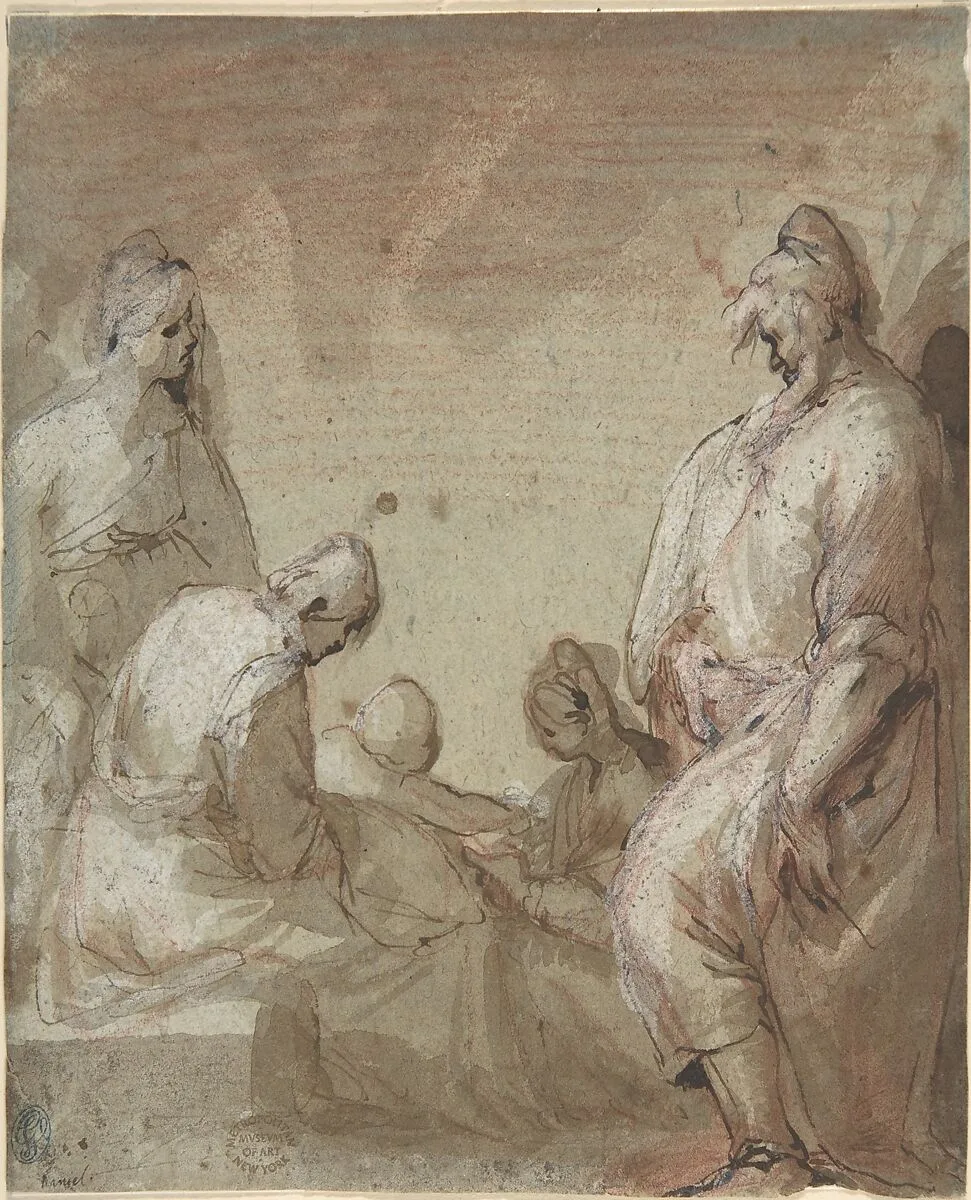 Group of Four Standing and Seated Figures and a Child — Anonymous, Italian, Roman-Bolognese, 17th century