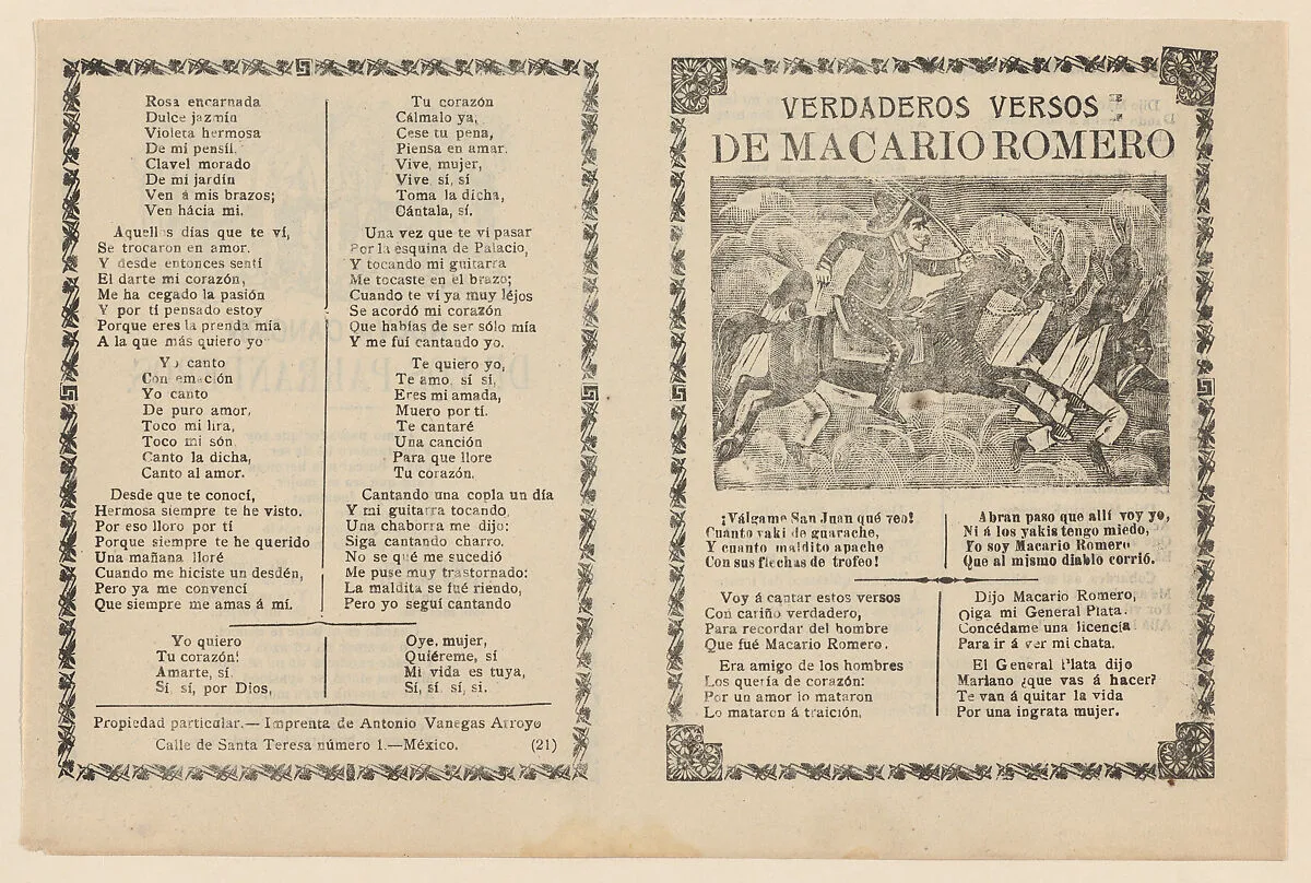 Broadside with verses regarding the military leader Macario Romero, who is shown on horseback riding alongside Indians — Antonio Vanegas Arroyo|José Guadalupe Posada