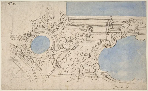 A Foreshortened View of a Ceiling Corner Decorated with Statues, Putti and Garlands