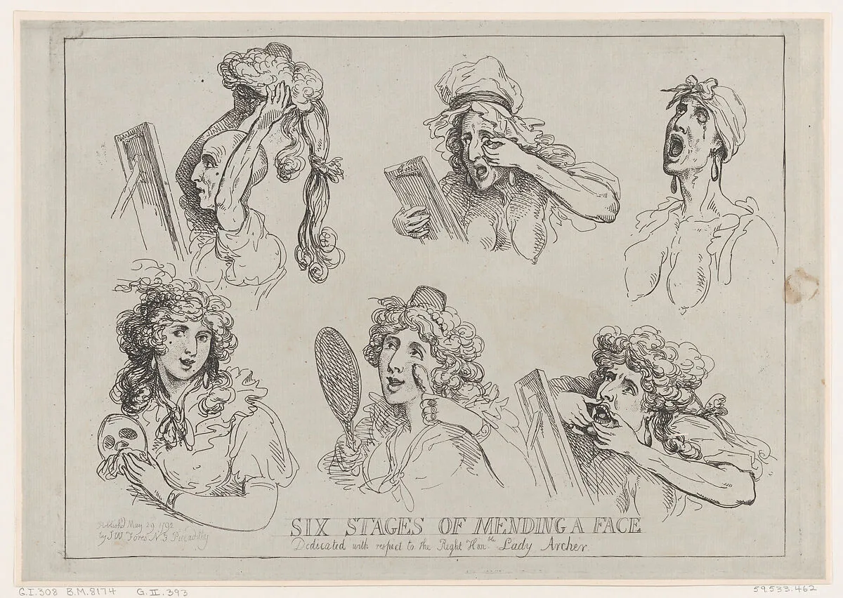 Six Stages of Mending a Face, Dedicated with respect to the Right Hon-ble. Lady Archer — Lady Sarah Archer|Thomas Rowlandson