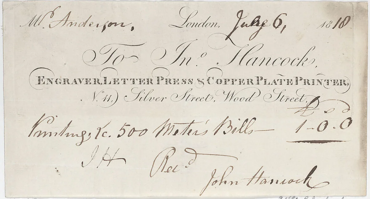Trade Card for John Hancock, Engraver, Letter Press & Copper Plate Printer — Anonymous, British, early 19th century