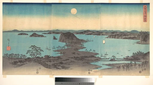 奥村 政信画 浮絵 「紋尽名古屋曽我」|Full Moon at Kanazawa, Province of Musashi