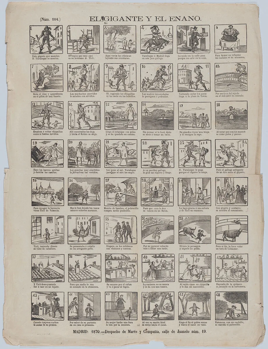 Broadside with 48 scenes relating to the giant and the dwarf — José María Marés