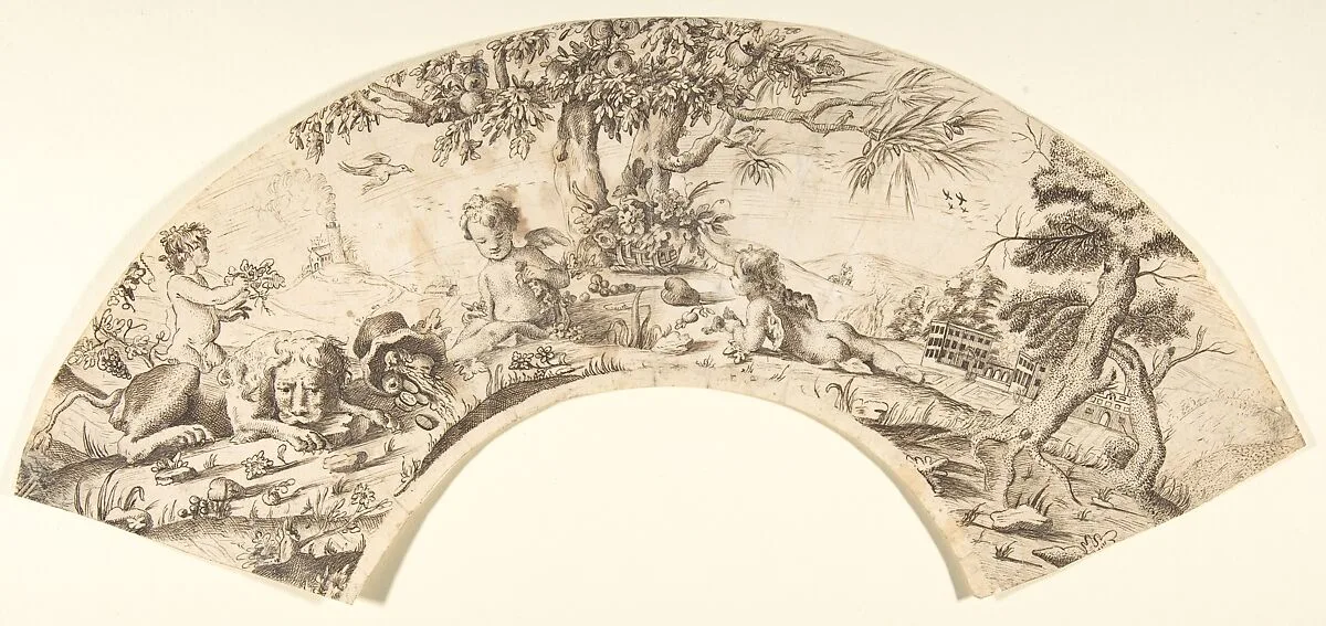 Design for a Fan: Scene of Cupids, and a Sleeping Lion in a Landscape — Giovanni Larciani ("Master of the Kress Landscapes")