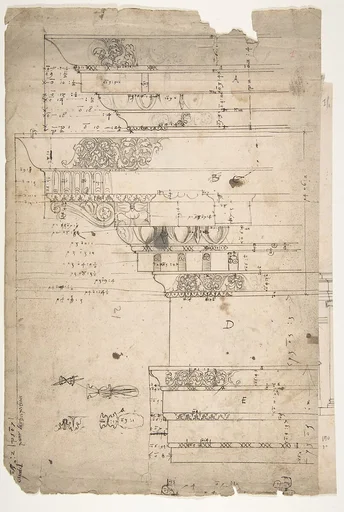 Forum of Nerva, entablature, elevation; cornice, elevation (recto) Forum of Nerva, architrave panel, ceiling plan, Corinthian, capital (verso)