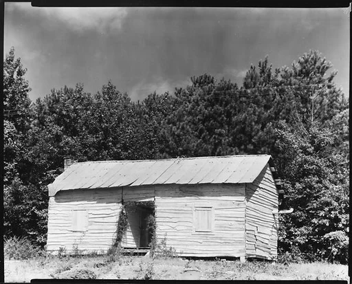[Cabin with Corrugated Tin Roof and Weeds Around Doorway, Hale County, Alabama]