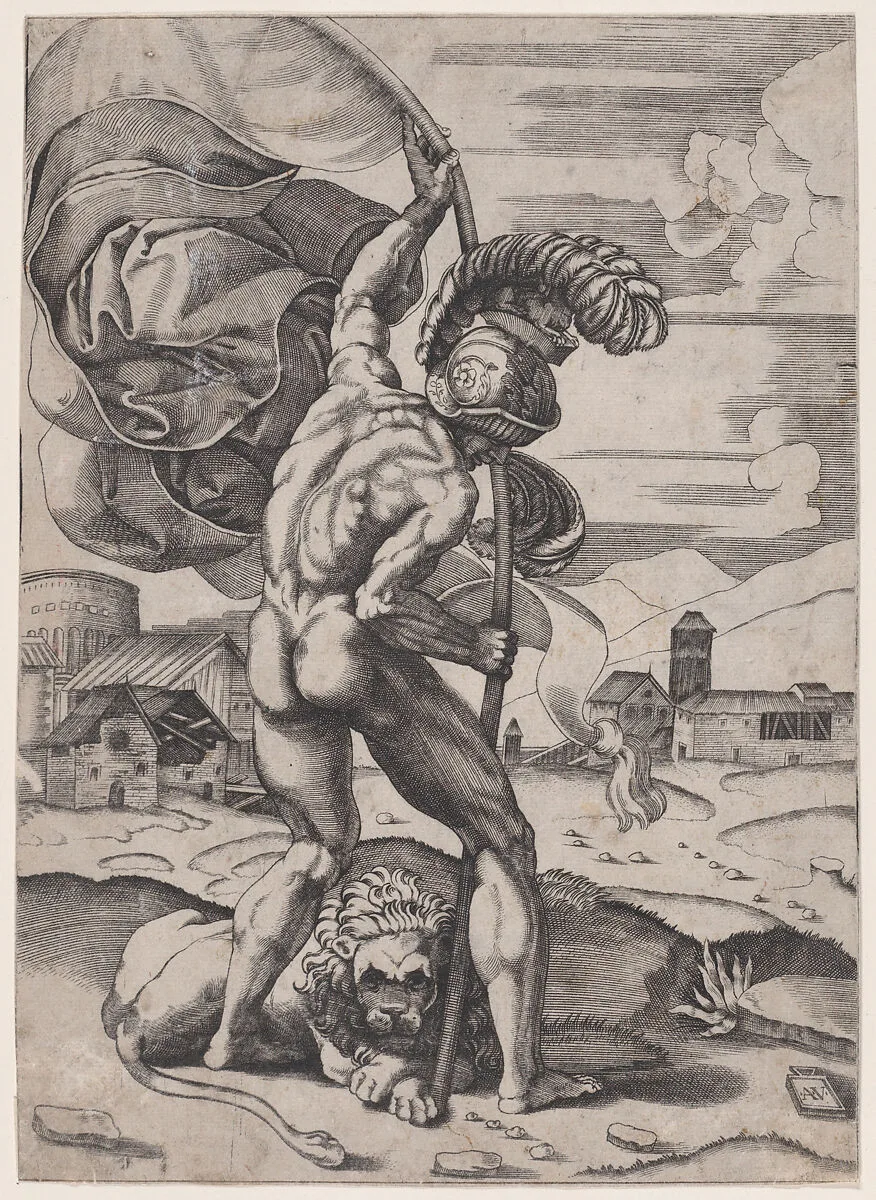 Man with a Flag — Agostino Veneziano (Agostino dei Musi)|Raphael (Raffaello Sanzio or Santi)