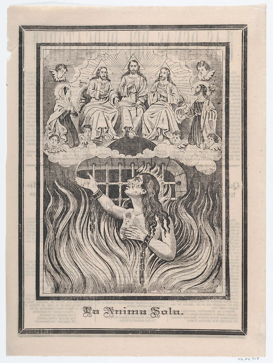 Broadsheet with image of a chained woman in purgatory and the Holy Trinity above — José Guadalupe Posada|Antonio Vanegas Arroyo