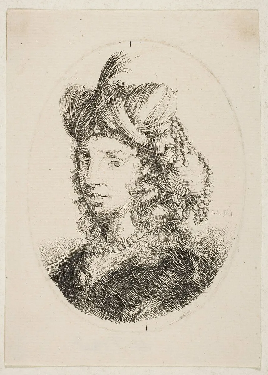 Sultana wearing a pearl necklace and a turban, from 'Several heads in the Persian style' (Plusieurs têtes coiffées à la persienne) — Stefano della Bella|Israël Henriet