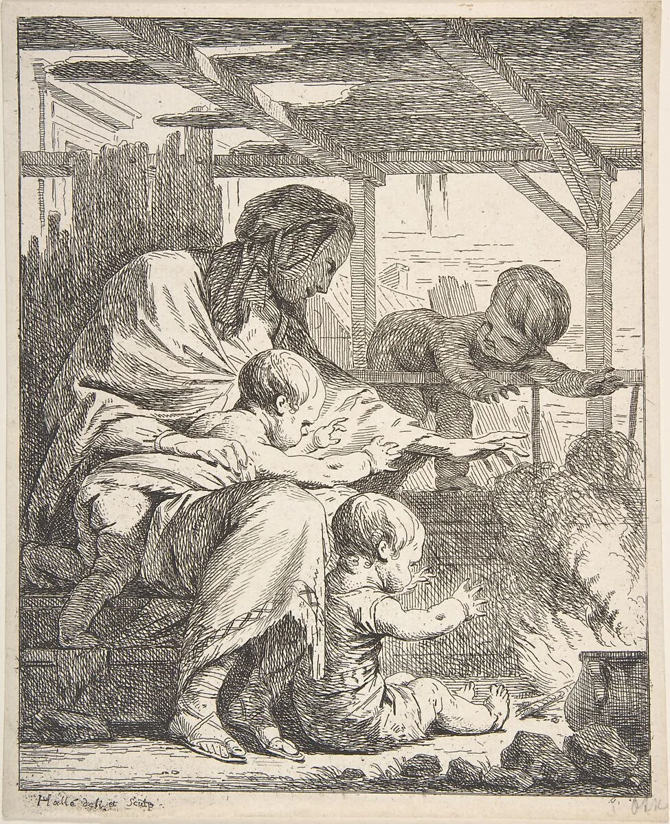 Family Warming Their Hands By a Fire — Noël Hallé