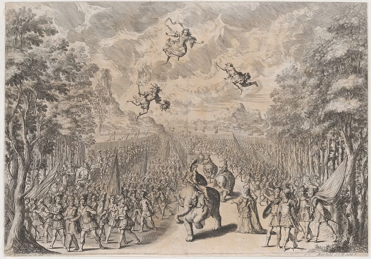 An army marching through a field; soldiers on foot at left and right, while others ride elephants and camels down the center; set design from 'La Monarchia Latina Trionfante' — Ludovico Ottaviano Burnacini|Mathäus Küsel