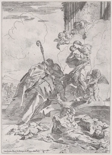 Three Luchese saints Sts Nicholas Tolentino, Nicholas of Bari interceding with the Virgin for the victims of the plague