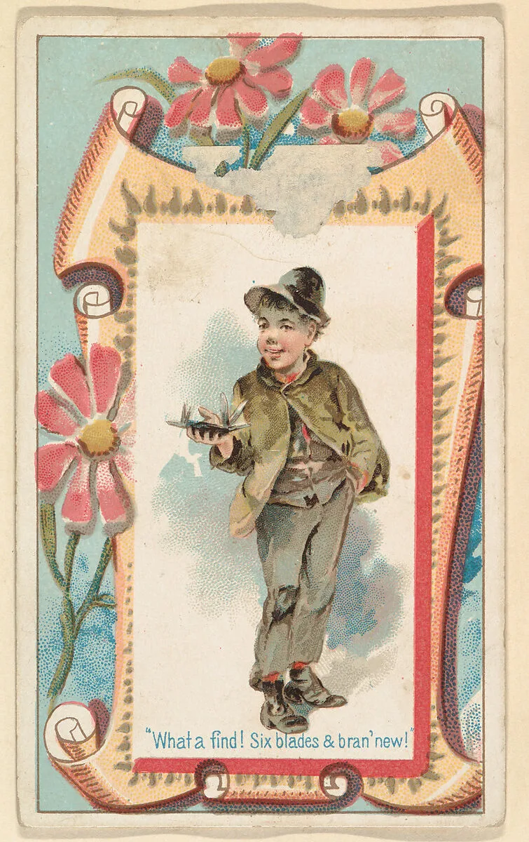 "What a find! Six blades & bran' new!," from the Terrors of America set (N136) issued by Duke Sons & Co. to promote Honest Long Cut Tobacco — Knapp & Company|W. Duke, Sons & Co.
